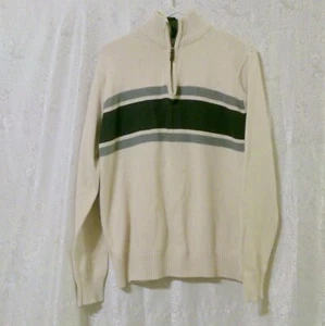 Eddie Bauer Herrenpullover cremefarben und grün gestreift 1/4-Reißverschluss Größe Large - Bild 1 von 4