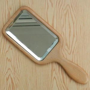 Vintage Hand Held Mirror Wood Frame Handle Bevelled Glass Edge Retro 27cm Length - Picture 1 of 19