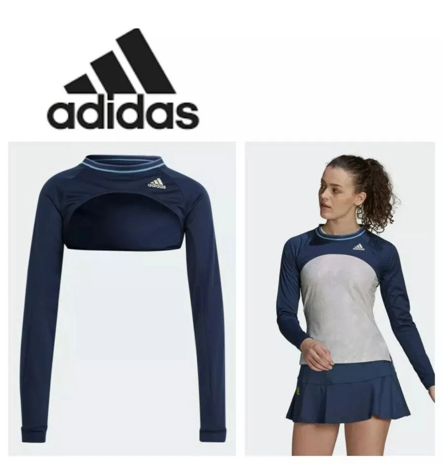 ADIDAS Women's Primeblue Match SHRUG TENNIS CROP SHIRT Small Crew Navy Blue