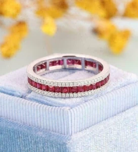 3Ct Princess Cut Ruby Lab created Eternity Wedding Band Ring 14K White Plated - Picture 1 of 5