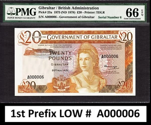 Gibraltar 20 libras 1975 PRIMER prefijo BAJO # A000006 Pick-23a GEMA UNC PMG 66 EPQ - Imagen 1 de 2