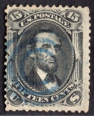 US 1867 SCOTT # 98 WITH "F" GRILL LIGHT BLUE TARGET CANCEL - Image 1 of 2