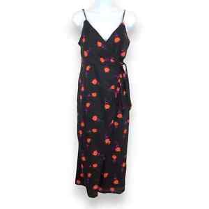 Urban Outfitters Quebec Black Floral Linen Side-Tie Midi Wrap Dress Size S