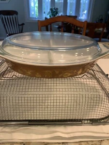 Vintage Early American PYREX Dish 1 1/2 QT Ovenware Brown/Gold Wheat Pattern USA - Picture 1 of 10