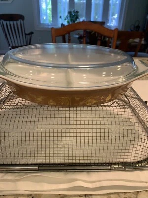 Vintage Early American PYREX Dish 1 1/2 QT Ovenware Brown/Gold Wheat Pattern USA - Image 1 of 4