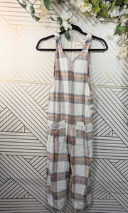 ZARA GIRLS Jumpsuit Plaid Ivory Black Orange Button Side Sleeveless Size 13/14 - Picture 1 of 8
