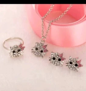 Hello Kitty inspired Crystal Necklace Earring Ring Set - Picture 1 of 10