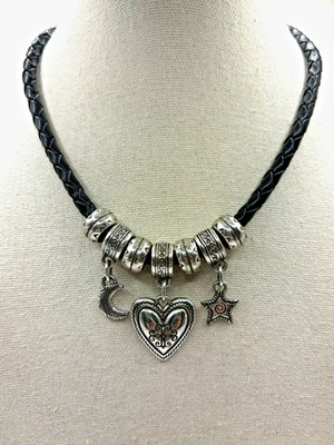 Brighton Silver Plated Heart Moon Star Charm Black Braided Leather Cord Necklace - Image 1 of 4