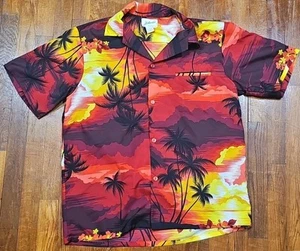 VTG Helena Made In USA Men's Hawaiian Shirt Orange Red Floral Palm Trees Large - Picture 1 of 9