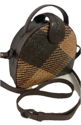 Genuine Leather Woven Rattan Crossbody Shoulder Bag Tote Boho Indonesia Vintage - Image 1 of 4