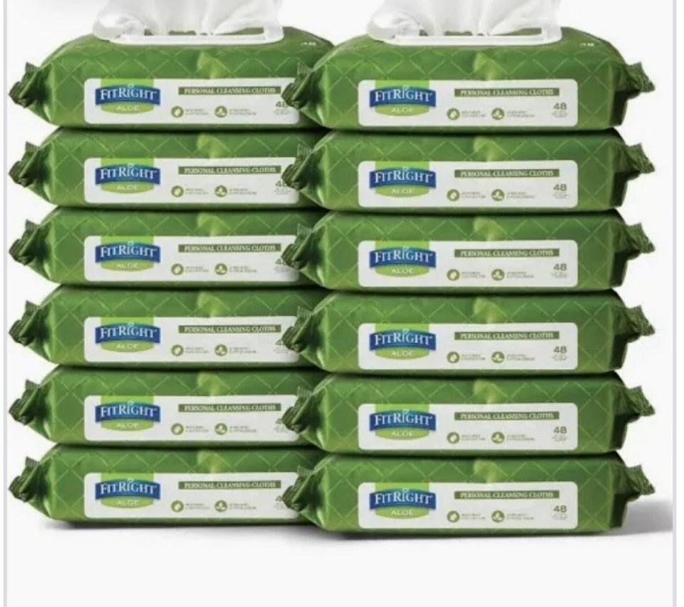 Toallitas para incontinencia de limpieza personal FitRight Aloe 8 x 10 pulgadas, blancas, paquete de 6 Foto 1 de 2