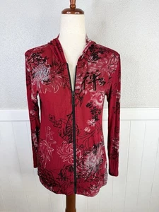 Chico’s Travelers Hooded Jacket Sz S Asian Print Slinky Floral Embroidered Y2k - Picture 1 of 9