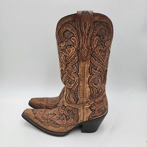 Lucchese Brown Tan Tooled Leather Cowgirl Western Boots Size 6.5 B Women Pull On