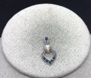 Vintage Sterling Silver 925 Pink MOP & Marcasite Heart Pendant S682 - Picture 1 of 3