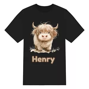 Linda camiseta personalizada acuarela Highland Cow niños para niños y niñas. Unisex - Imagen 1 de 10