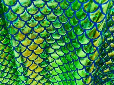 LUSHFABRIC MERMAID Scale Fabric Fish Tail Material Stretch Spandex 59" wide Green on Blue
