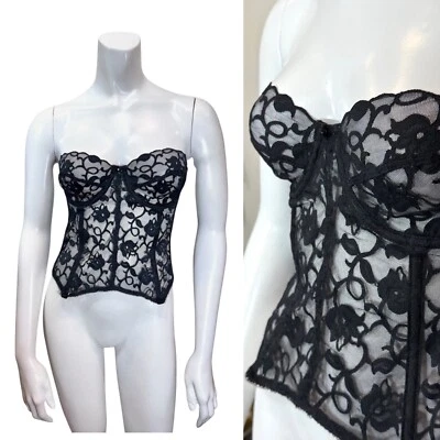 Sexy Corsé Lencería Negro Vintage Años 80 FLORAL ENCAJE BUSTIER 34B 36B Festival Foto 1 de 4