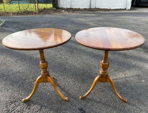 Stickley Round Pedestal Side Tea Tables Cherry Wood Pair Cover