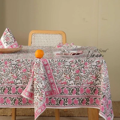 Boho Floral Cotton Kitchen Tablecloth Block Printed Table Cover for Dining Room - Image 1 of 4