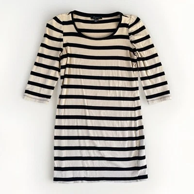 Forever 21 Mini Dress L Black Cream Marinière Stripes Bodycon Puffy 3/4 Sleeves - Image 1 of 4