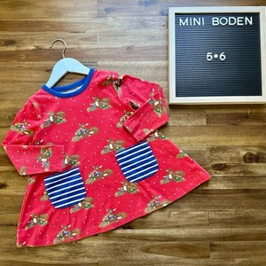 Mini Boden Red Navy Printed Deer Polka Dot Long Sleeve Cotton Knit Tunic Top 5/6 - Picture 1 of 8
