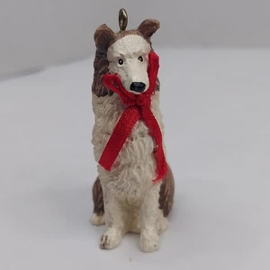 Brown White Collie Dog Christmas Ornament Resin Red Bow Tie 2.5" Xmas  - Picture 1 of 11
