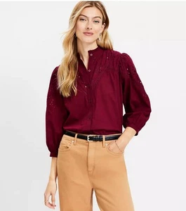 Blusa Loft Top Talla Grande Cuello Ojales Blusa Borgoña Granate Volantes 100% Algodón - Imagen 1 de 9