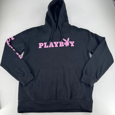 Playboy Brand Black Hoodie Sweatshirt WOMENS Bunny Icon Spell Out MEDIUM - Image 1 of 4