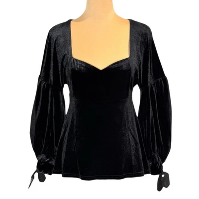 NWT Gothic Black Velvet Babydoll Top Sz.M Puff Sleeve Witchy Whimsigoth Goth - Image 1 of 4