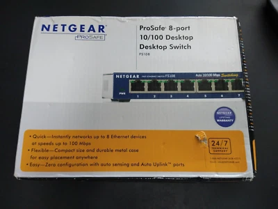 NETGEAR 8-Port FS108 10/100Mbps ProSafe Desktop Switch - In opened original box. - Image 1 of 4