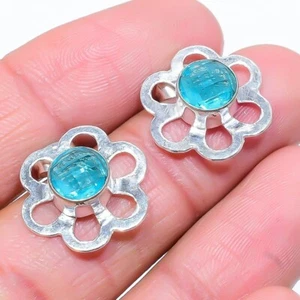 Swiss Blue Topaz Gemstone 925 Sterling Silver Jewelry Tops Earring Size 0.99" - Picture 1 of 1