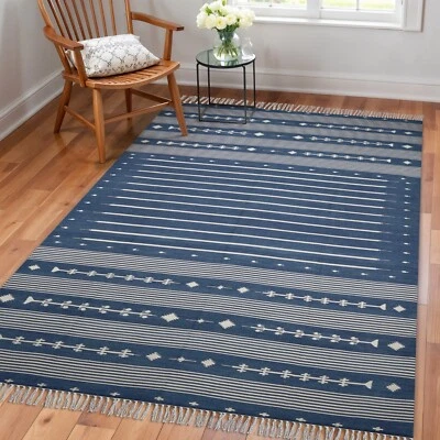 Alfombra de área tejida a mano de algodón a rayas de 5x7 pies alfombra reversible alfombra de sala Foto 1 de 4