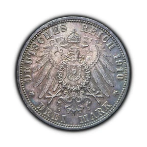 GERMANY. 1910, 3 Mark, Silver - Kaiser Wilhelm I, Prussia Eagle Berlin A 🌈 Tone - Picture 1 of 3