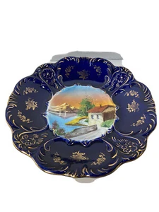 Vtg Pereiras Valado Hand Painted Landscape 13” Bowl- Cobalt Blue & Gold Border - Picture 1 of 6