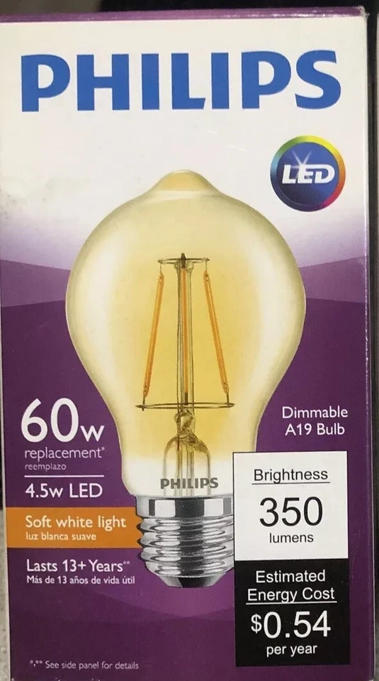 Philips LED 4.5W=60W Edison Filament Amber Soft White Light Bulb A19 60W - Image 1 of 1