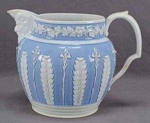 British Sprigged Bellflower & Acanthus Leaves & Grapevine Blue Satyr Head Jug - Picture 1 of 9