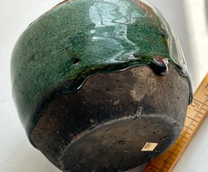 antique Chinese Japanese raku ware green VASE China Japan vtg art pottery SIGNED - Picture 1 of 12