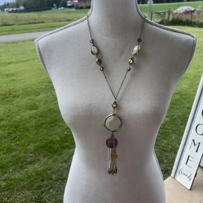 Chicos Long White Pearl Tassel Silver Tone Necklace - Image 1 of 4