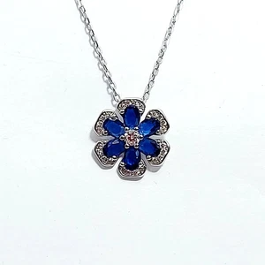 Collana Argento 925 Donna Ciondolo Gioiello Pendente Fiore e Pietre Blu  Zaffiro - Imagen 1 de 7