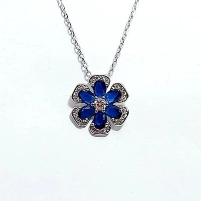 Collana Argento 925 Donna Ciondolo Gioiello Pendente Fiore e Pietre Blu  Zaffiro - Immagine 1 di 4