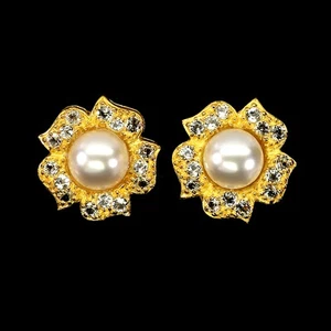 925 Sterling Silver Earrings Round White Topaz 2.5mm Pearl Gemstone Jewelry - Picture 1 of 13