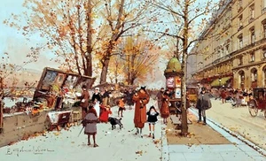 Bouquinistes sur la Seine Painting by Eugene Galien-Laloue Reproduction - Picture 1 of 3