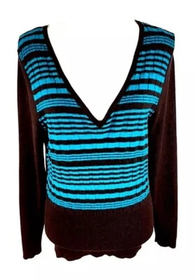 SIGUIENTE Suéter para Mujer Cuello en V Talla US 16 UK 18 Negro Azul Rayas Acanalado Mezcla de Nailon Foto 1 de 4