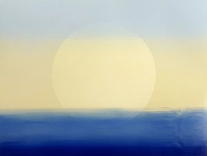 Arte monotipo original firmado a mano por Kristen Gipson 1978 abstracto sol sobre azul OBO - Imagen 1 de 2