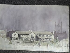 Large Original watercolour painting of citycape with houses & Cathedral unsigned