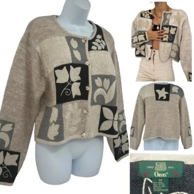 Cárdigan Suéter Orvis Ramie Algodón Lino Retazos Colores Naturales Hoja Recortada Foto 1 de 4
