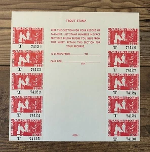 1977 MICHIGAN - State Trout & Salmon Fishing Stamp - MNH **Sheet of 10** - Picture 1 of 2