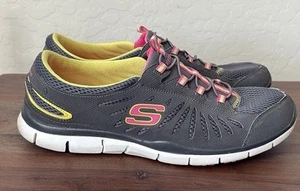 SKECHERS scarpe casual slip on gratuite, #22123, grigio scuro/rosa/giallo, donna US 10 - Foto 1 di 7