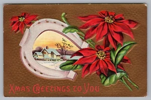Postcard Xmas Greetings to You Horseshoe Poinsettia Posted 1912 Gold Background - Picture 1 of 2