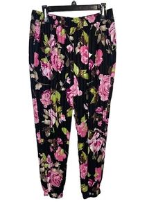 Boston Proper Pants Womens Black Floral Pink Black Tapered Joggers Size Medium - Picture 1 of 10